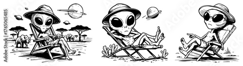 Sun‑hat alien lounging in meadow deck chair with grazing sheep and distant UFO, whimsical black‑and‑white cartoon illustration