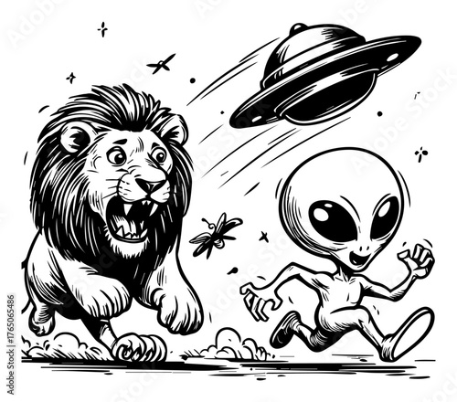 Ferocious lion chasing fleeing alien while UFO swoops overhead – dynamic black‑and‑white comic scene