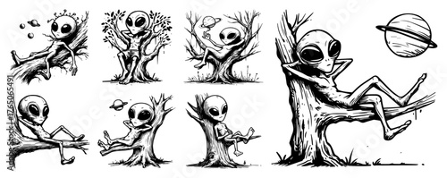 Playful alien and tree interactions collection – extraterrestrial climbing, sitting, relaxing on trunks in quirky ink sketches