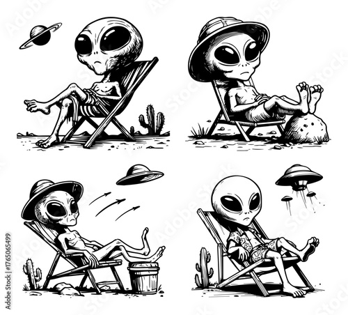 Relaxed alien vacation collection – extraterrestrial sunbathing in beach deck chair, humorous ink sketches