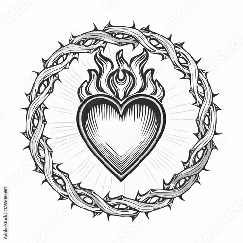 Sacred Heart of Devotion: Intricate artwork showcases the sacred heart, encircled by a crown of thorns, its flames and rays emanating with divine love and passion.