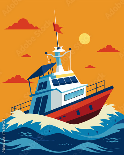 A solarpowered research vessel braving through rough seas determined to further our understanding of the ocean and its inhabitants.. Vector illustration