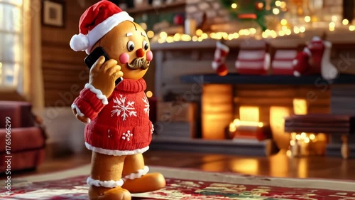 Gingerbread man wearing Santa Claus costume talking on phone xmas season 