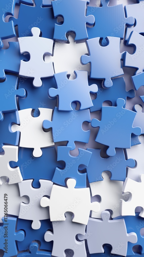 Naklejka premium Blue and white puzzle pieces scattered in 3D illustration background