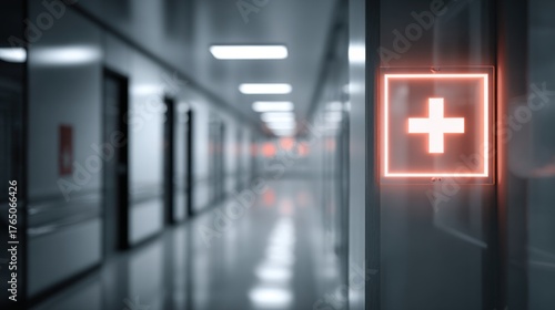 Modern hospital corridor softly blurred with glowing care signage, symbolizing healthcare compassion, trust, safety, and futuristic medical environment on white background
