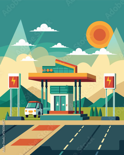 A rural gas station along a long stretch of highway now offering solarpowered charging points alongside traditional fuel pumps for ecoconscious travelers.. Vector illustration