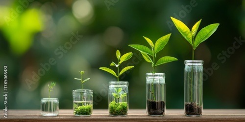 Wallpaper Mural Green Plant Growth Stages With Progress Arrow In Clear Glass Tubes Against Soft Focus Bokeh Background Torontodigital.ca