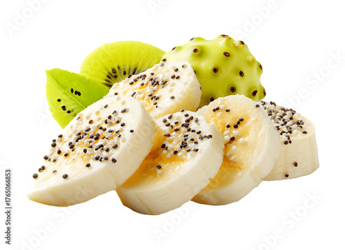 Delicious Sliced Bananas with Chia Seeds, Kiwi, and Exotic Fruit isolated on a transparent background