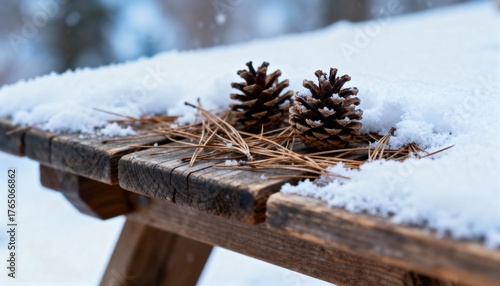 Winter still life with pine cones on snowy wooden table and blurred forest background. Cozy seasonal nature photography