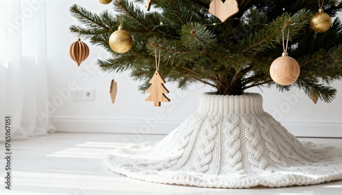 Christmas tree decorated with wooden and golden ornaments in a minimalist white interior, modern cozy holiday home background.