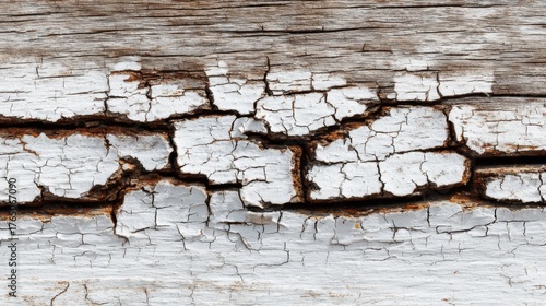 Close-up of cracked white paint peeling on weathered wooden plank surface showing rustic decay and texture on white background