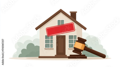 Bankruptcy legal concept with house and gavel illustration for financial law and property management
