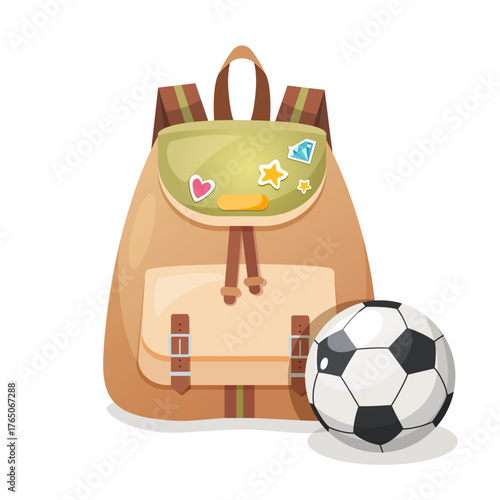 Vector illustration of a school backpack and soccer ball isolated on a white background. Education and sport concept, back to school theme.
