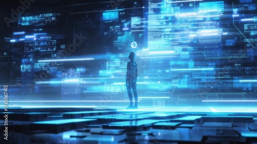 A cinematic vision of futuristic holographic technology glows with cyberpunk energy, featuring interactive 3D graphics and advanced interfaces reminiscent of Minority Report’s immersive digital future