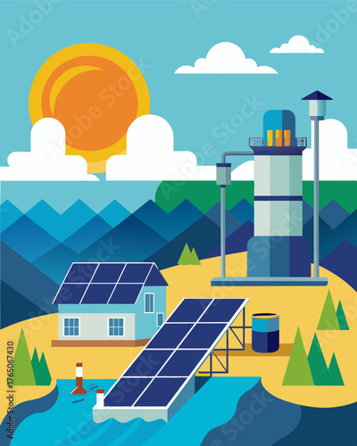 A solarpowered desalination plant along the coast converting seawater into potable drinking water for nearby towns.. Vector illustration