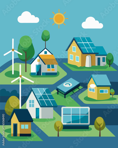 A suburban neighborhood with homes equipped with solar panels and battery storage systems all connected to a larger smart grid network.. Vector illustration