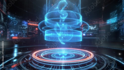 A cinematic vision of futuristic holographic technology glows with cyberpunk energy, featuring interactive 3D graphics and advanced interfaces reminiscent of Minority Report’s immersive digital future