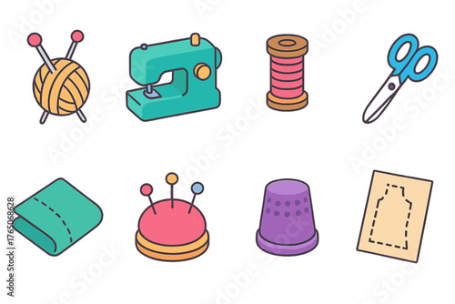 Sewing and knitting outline icon set. Craft tools, textile equipment, diy essentials.