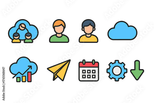 Business and communication flat icon set. Essential office tools and symbols collection