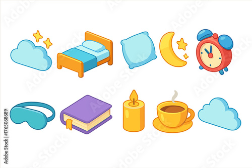 Sleep and relaxation flat icon set. Bedtime, dreams icons collection.