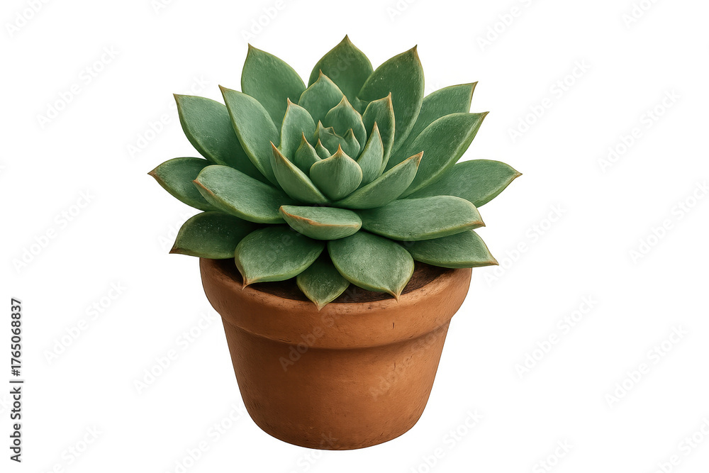 Fototapeta premium Echeveria succulent plant growing in a terracotta pot, a green houseplant with natural beauty and refreshing leaves
