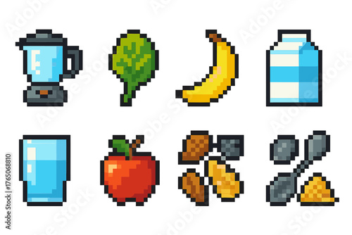 Food and drink pixel icon set. Flat style daily essentials collection