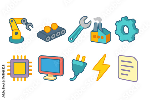 Manufacturing and industry flat icon set. Machinery, tools, and factory symbols collection