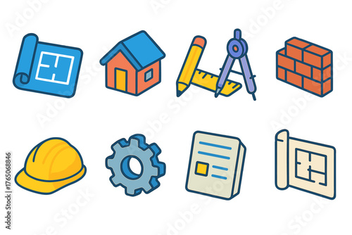 Architectural, construction colored icon set. Building, planning tools in outline style