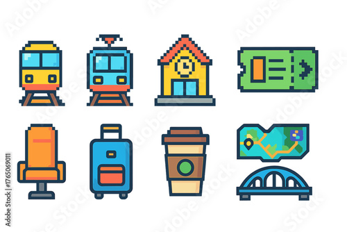 Travel, tourism flat icon set featuring transportation, accommodation, and tickets