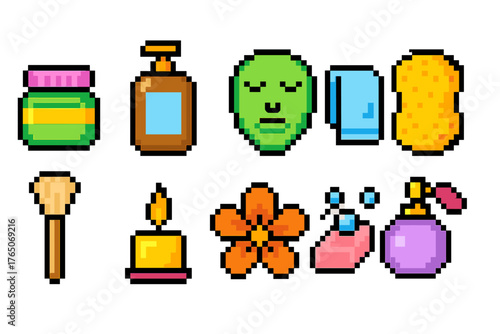 Beauty and spa icon set. Relaxation, skincare, wellness pixel art icons collection