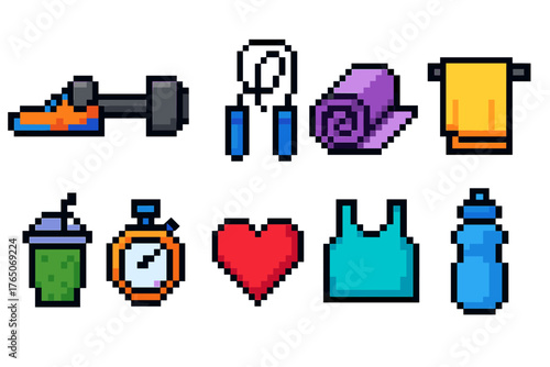 Fitness, gym pixel icon set. Exercise, training icons in pixel art style collection