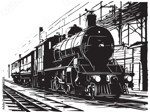 Vintage steam train silhouette on white background. Vintage steam locomotive train illustration. 