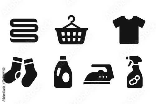 Laundry and cleaning solid icon set: household chores symbols collection