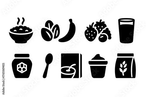 Healthy food silhouette icon set. Nutrition, fruits, and beverage simple icons