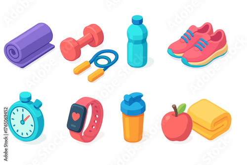 Fitness and health 3d icon set. Workout, exercise icons for a balanced lifestyle