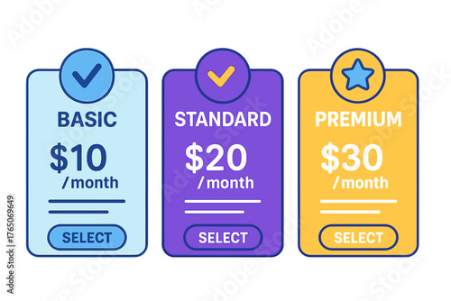 Pricing plans for subscription plan services with basic, standard, premium