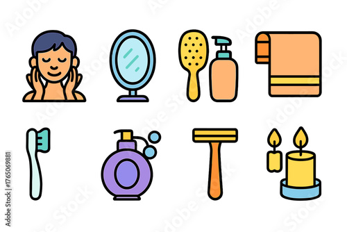 Personal care filled icon set for bath, hygiene, and grooming essentials