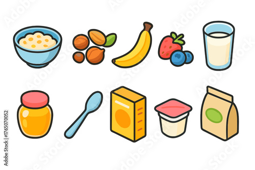 Breakfast and snacks flat icon set. Healthy food and drink flat collection.