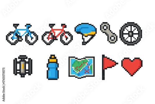 Cycling, biking pixel icon set. Bicycle, helmet, map pixelated icons flat collection.