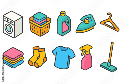 Laundry and cleaning flat icon set. Household chores and cleaning tools collection