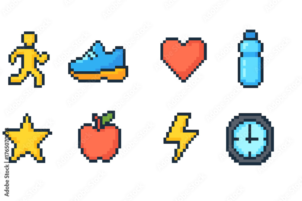 Fototapeta premium Pixel art fitness icon set. Workout, health and exercise pixel collection