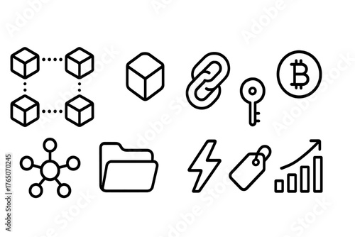 Cryptocurrency linear icon set. Blockchain, crypto finance symbols outlined collection.