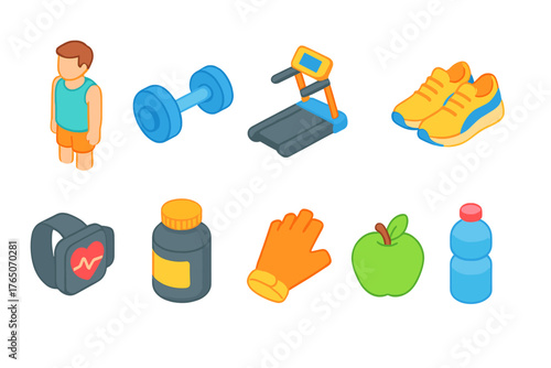 Fitness and health 3d icon set. Exercise, wellness, and nutrition 3d icons collection