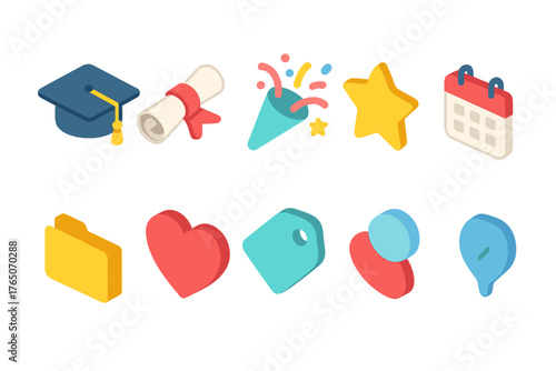 Education and celebration icon set in 3d style. Graduation, festivity, calendar icons