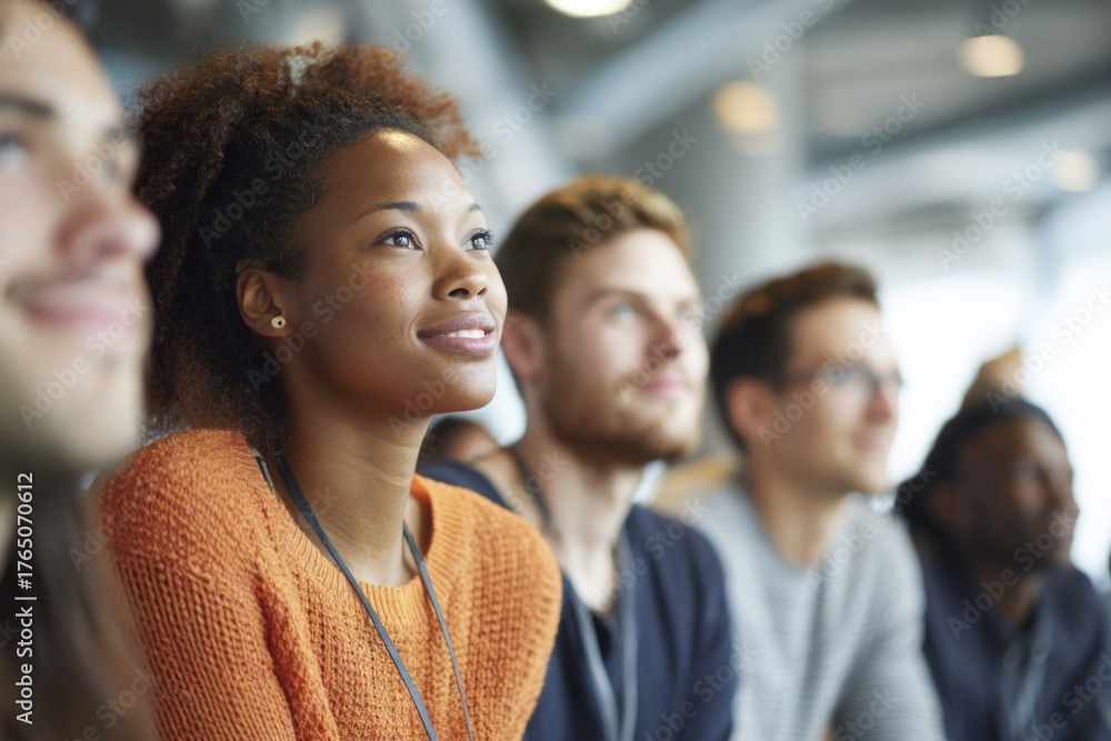 Obraz premium Young professionals in casual attire are focused on a speaker during an event. The diverse group shows interest and excitement in a well-lit, contemporary setting