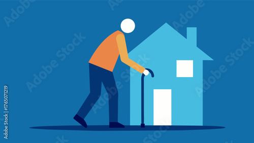 A person using a walker or cane confidently moving around their home with the added support of grab bars and handrails.. Vector illustration