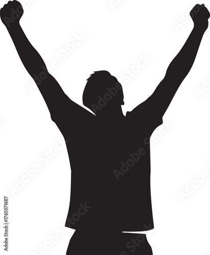 Dynamic silhouette of a triumphant person raising arms in celebration, embodying success, achievement, and victory with powerful energy and motivation.