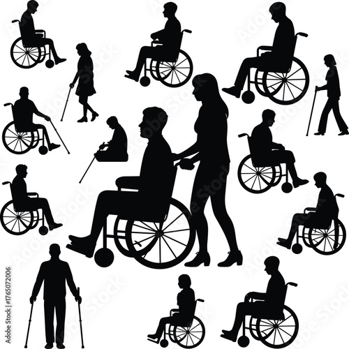 Silhouettes of people with disabilities using wheelchairs, crutches, and canes, mobility aids, accessibility support, healthcare, rehabilitation, inclusion, diversity