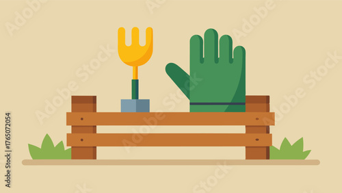 A pair of worn gardening gloves and a trowel resting on a wooden bench representing the sense of purpose and fulfillment that gardening therapy can provide to older individuals.. Vector illustration