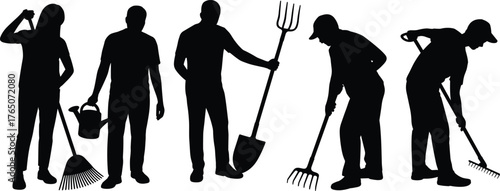 Silhouette farmers gardening with rake, shovel, watering can, pitchfork, teamwork agriculture tools, rural lifestyle, farming activity, soil cultivation, outdoor work